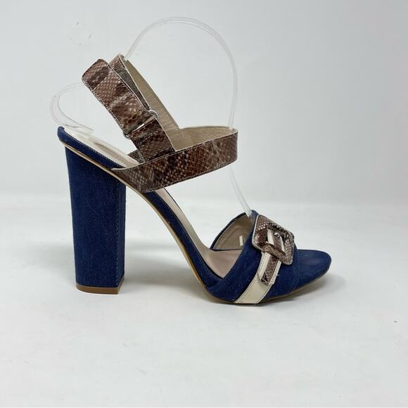 Joan and David Denim Snakeskin Leather Chunky Block High Heel Y2K Buckle Shoe 10 - Picture 1 of 16